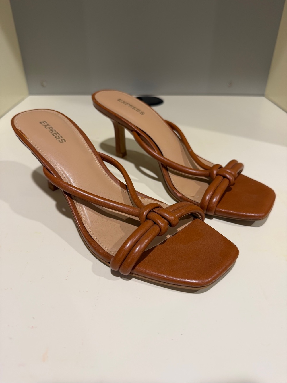 Express Brown Knot-Front Square Toe Heeled Sandals